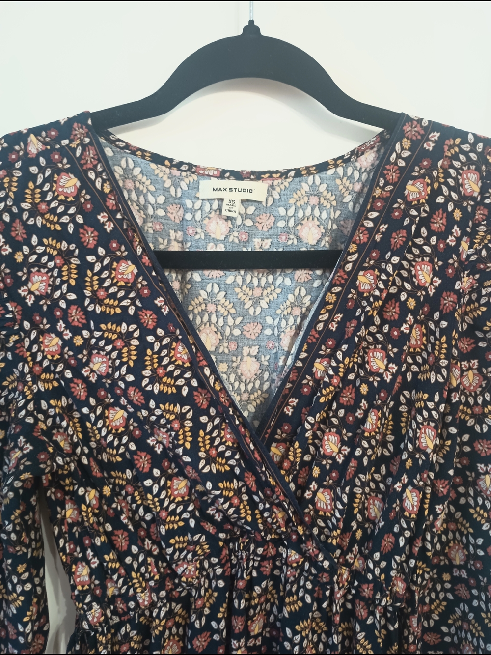 Max Studio Floral Wrap Dress in Navy with Rust & Cream Accents